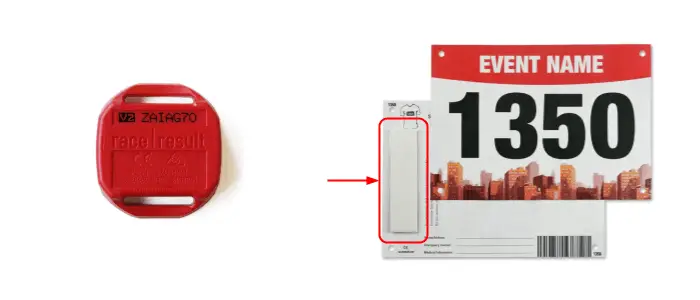 Sự khác biệt rõ rệt: hai thẻ RFID của nhà sản xuất Đức RACE RESULT, một thẻ chủ động có thể tái sử dụng được đeo bằng dây đeo (trái) và một thẻ thụ động dùng một lần có đệm bảo vệ được gắn ở mặt sau của yếm đua (phải)