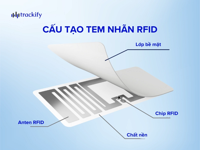 Tem nhãn RFID là gì? So sánh tem nhãn, thẻ RFID và RFID Inlay Cấu tạo tem nhãn RFID gồm 4 phần