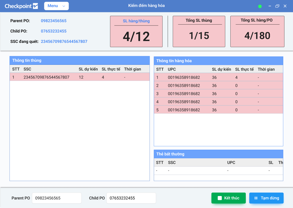 Giao diện phần kiểm đếm hàng hóa