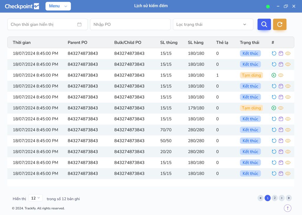Giao diện phần lịch sử kiểm đếm hàng hóa