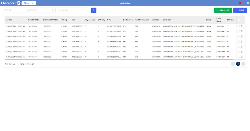 Giao diện phần quản lý PO